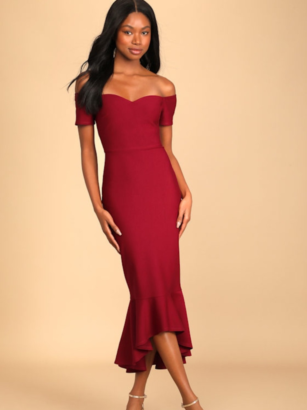 Lulus How Much I Care Wine Red Off-the-shoulder Midi Dress - Size S NWT NEW